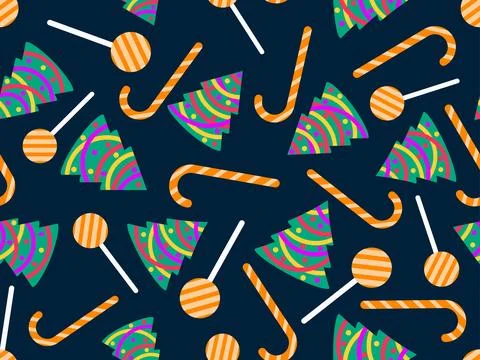 Seamless pattern with decorated Christmas trees and candy canes. Christmas .. Illustrazione stock