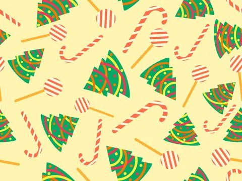 Seamless pattern with decorated Christmas trees and candy canes. Christmas .. 스톡 일러스트