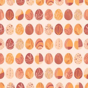 Seamless pattern with decorated eggs in boho style on beige background Stock Illustration
