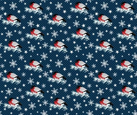 Seamless pattern decoration of red bullfinch bird and snowflake Stock Illustration