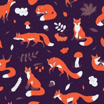 Seamless pattern decorative backdrop with fox, hand drawn vector illustration. Illustrazione stock