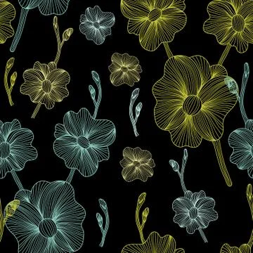 Seamless pattern with decorative blue and green orchids Stock Illustration