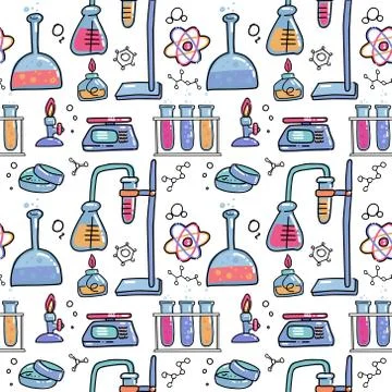 Seamless pattern of decorative color hand drawn chemical lab scientific exper Stock Illustration