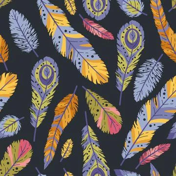 Seamless pattern of decorative colored animals tribal feathers. Stock Illustration