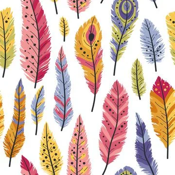 Seamless pattern of decorative colored animals tribal feathers. Stock Illustration