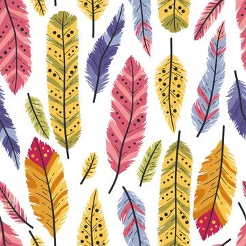 Seamless pattern of decorative colored animals tribal feathers. Stock Illustration