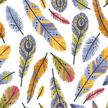 Seamless pattern of decorative colored animals tribal feathers. Stock Illustration