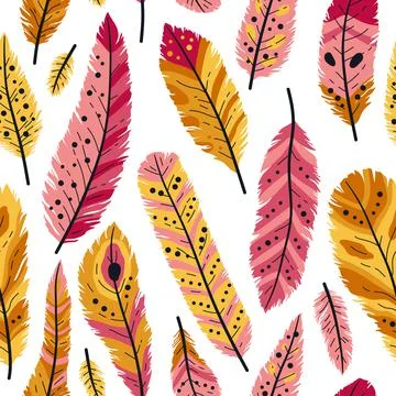 Seamless pattern of decorative colored animals tribal feathers. Stock Illustration