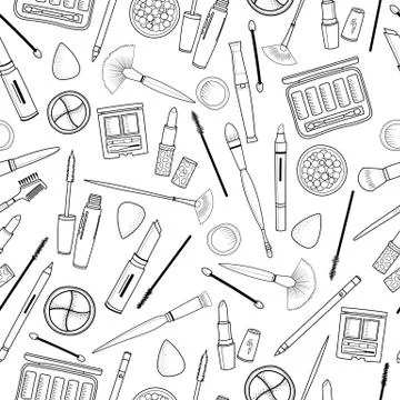 Seamless pattern with decorative cosmetics, hand drawn style. Stock Illustration