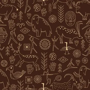 Seamless pattern with decorative elements and man from rock art. Prehistoric  Illustrazione stock