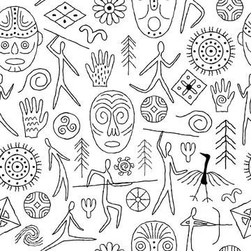 Seamless pattern with decorative elements and man from rock art. Prehistoric  Stock-Illustration