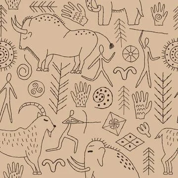 Seamless pattern with decorative elements and man from rock art. Prehistoric  스톡 일러스트