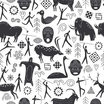 Seamless pattern with decorative elements and man from rock art. Prehistoric  Illustrazione stock
