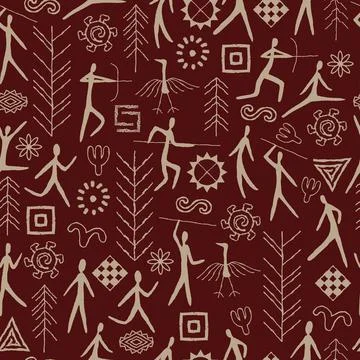 Seamless pattern with decorative elements and man from rock art. Prehistoric  Illustrazione stock