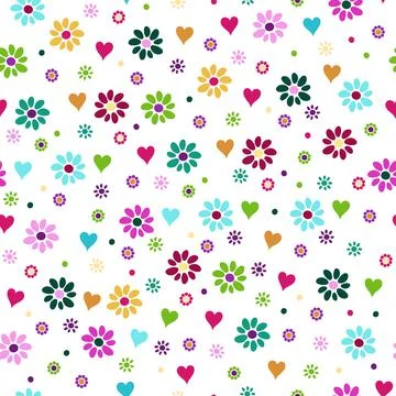 Seamless pattern with decorative elements, flowers, hearts and polka dots. Stock Illustration