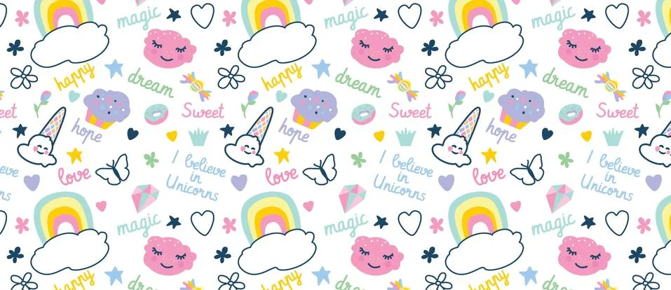 Seamless pattern with decorative elements rainbow, donut, ice cream, clouds,  Stock Illustration