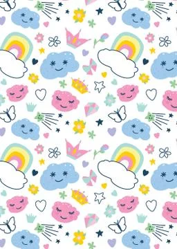 Seamless pattern with decorative elements rainbow, clouds, butterfly,stars,cr 스톡 일러스트