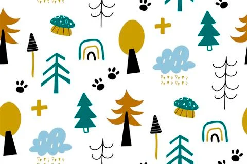 Seamless pattern with decorative forest with mushrooms in the Scandinavian style Stock Illustration