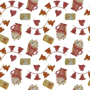 Seamless pattern with decorative garlands of orange-red Christmas trees and Stock Illustration