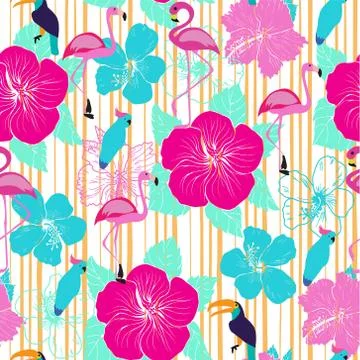 Seamless pattern with decorative hibiscus flowers and tropical birds. イラスト素材