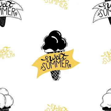 Seamless pattern. Decorative ice cream with lettering - sweet summer on white Stock Illustration