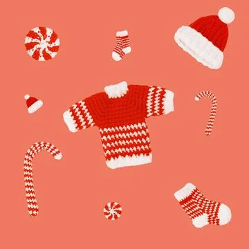 Seamless pattern decorative knitted ornaments sock, sweater, hat and carame.. Stock Illustration
