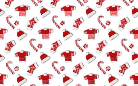 Seamless pattern decorative knitted ornaments sock, sweater, hat and carame.. Stock Illustration