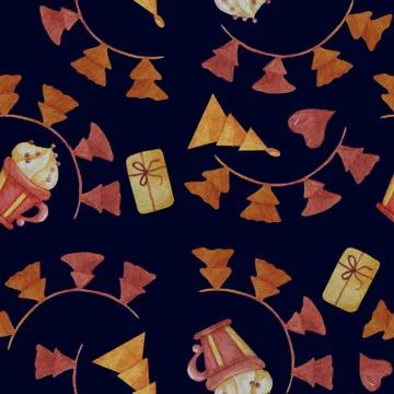 Seamless pattern with decorative orange and red Christmas trees and decorations Stock Illustration
