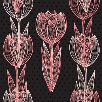 Seamless pattern with decorative pink tulips Stock Illustration