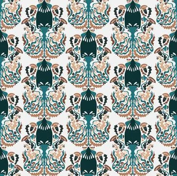 Seamless pattern with decorative squids in a stylized ornamental design. Grac Stock Illustration