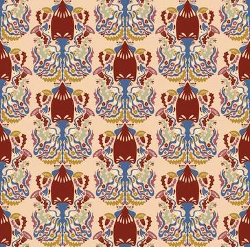 Seamless pattern with decorative squids in a stylized ornamental design. Grac 스톡 일러스트