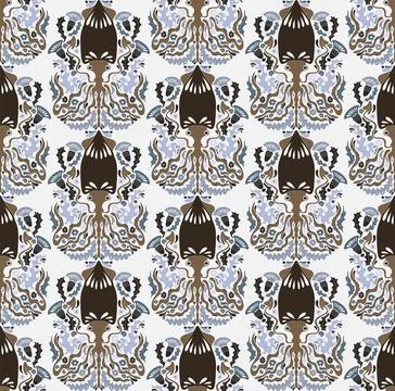 Seamless pattern with decorative squids in a stylized ornamental design. Grac Illustrazione stock