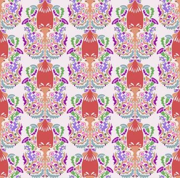 Seamless pattern with decorative squids in a stylized ornamental design. Grac イラスト素材