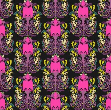 Seamless pattern with decorative squids in a stylized ornamental design. Grac 스톡 일러스트