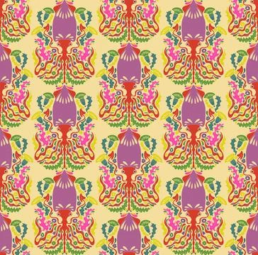 Seamless pattern with decorative squids in a stylized ornamental design. Grac Stock Illustration