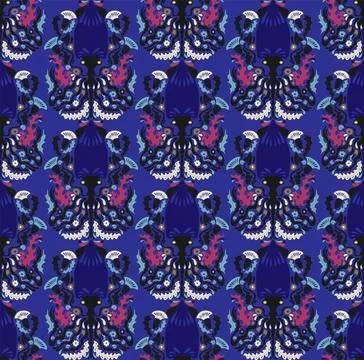 Seamless pattern with decorative squids in a stylized ornamental design. Grac Stock Illustration