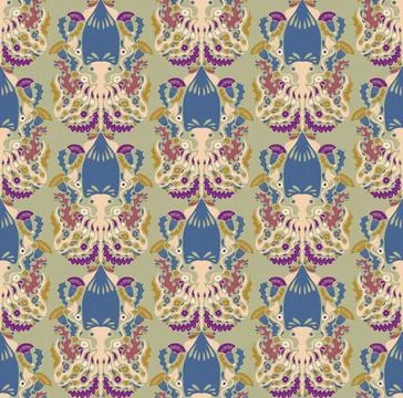 Seamless pattern with decorative squids in a stylized ornamental design. Grac イラスト素材