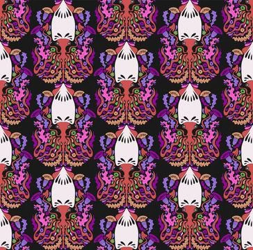 Seamless pattern with decorative squids in a stylized ornamental design. Grac Stock Illustration