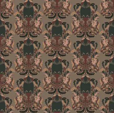 Seamless pattern with decorative squids in a stylized ornamental design. Grac Stock Illustration