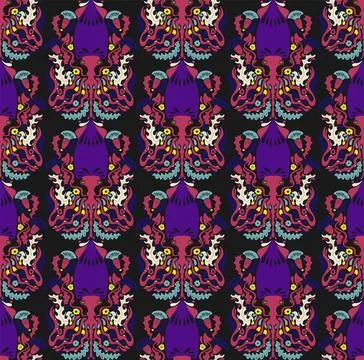 Seamless pattern with decorative squids in a stylized ornamental design. Grac Stock Illustration