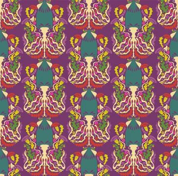 Seamless pattern with decorative squids in a stylized ornamental design. Grac 스톡 일러스트