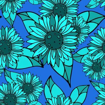 Seamless pattern of decorative sunflowers in different shades of blue with .. Illustrazione stock