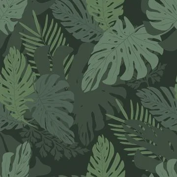 Seamless pattern deep green flat tropical leaves Stock Illustration