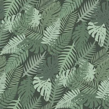 Seamless pattern deep green flat tropical leaves Illustrazione stock