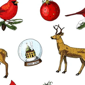 Seamless pattern deer and snow globe, red cardinal, birds. Merry Christmas or Stock Illustration