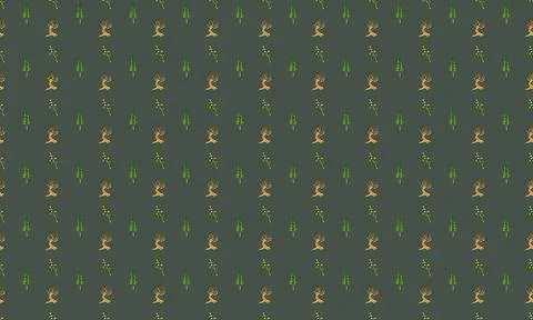 Seamless pattern of deer and trees on dark background Stock Illustration