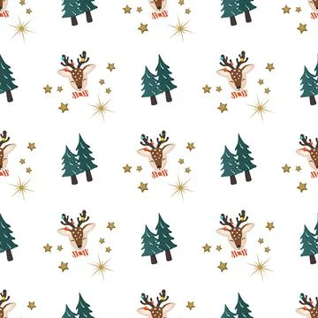 Seamless pattern with deer in childish style and green Christmas tree Illustrazione stock