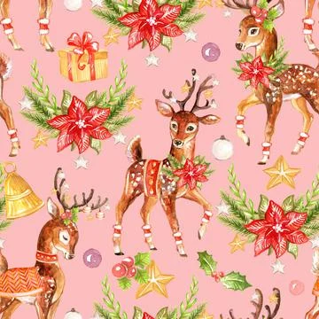 Seamless pattern deer with Christmas plants watercolor pink Stock Illustration