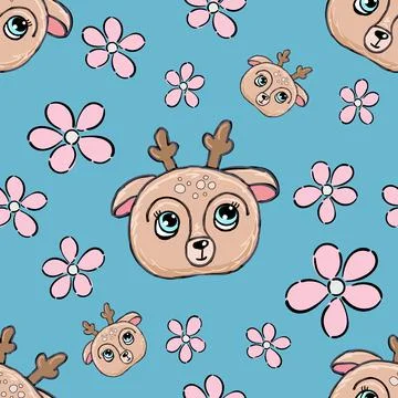 Seamless pattern with deer. Cute animal face, pink flowers on blue background Stock Illustration