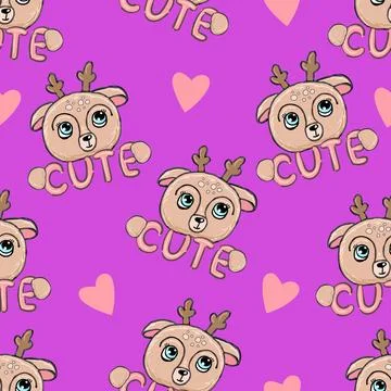 Seamless pattern with deer. Cute animal face, pink hearts on purple background Stock Illustration